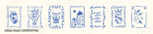 Foto Mediterranean Greek crayon doodle stamp set