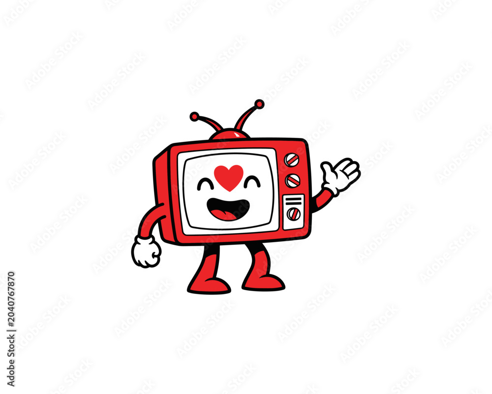 Naklejka premium Joyful Cartoon Television Character with Heart, Fun Illustration, Whimsical Style, Playful Setting