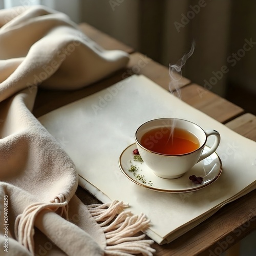Steaming cup of tea on a cozy blanket and book setting
