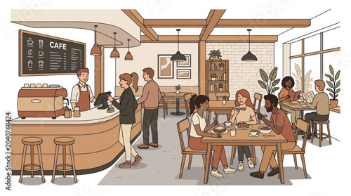 Cozy Cafe Scene with Diverse People Enjoying Coffee and Food