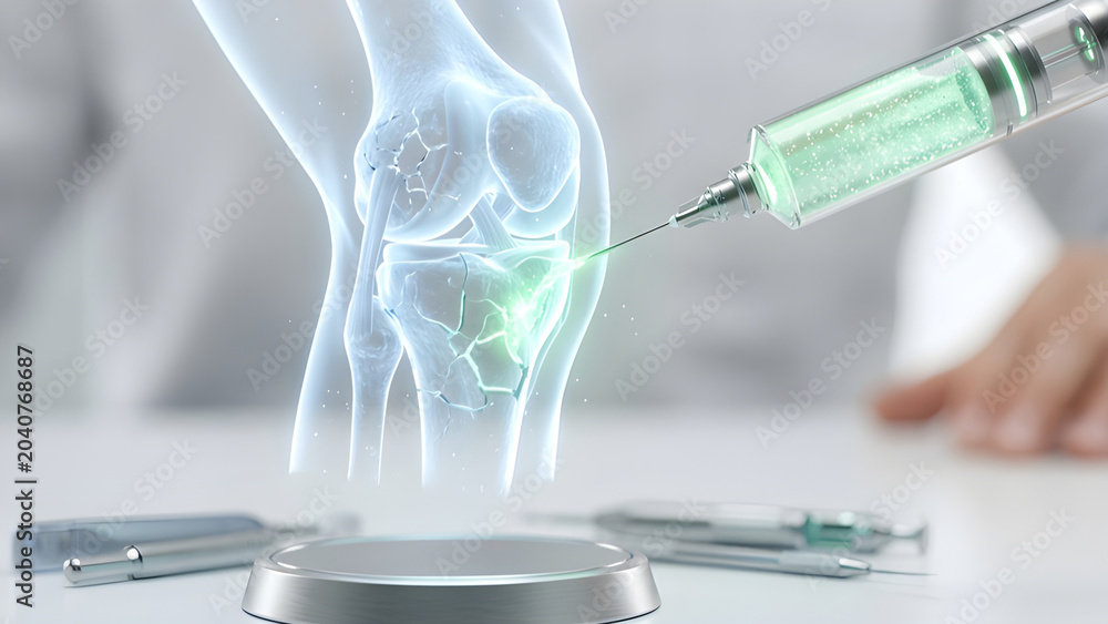 Fototapeta premium Macro realistic photo of a syringe injecting glowing green stem cells to heal a holographic knee joint.