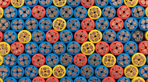 Industrial communication cables with copper wire ends macro background