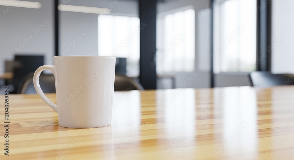 Fototapeta premium A clean white ceramic mug sits on a polished light wood table in a contemporary professional workspace with a soft blurred background scene, concept, day, minimalist