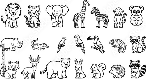 Photography Cute Wild Animals and Safari Jungle Line Icon Vector Sports Set