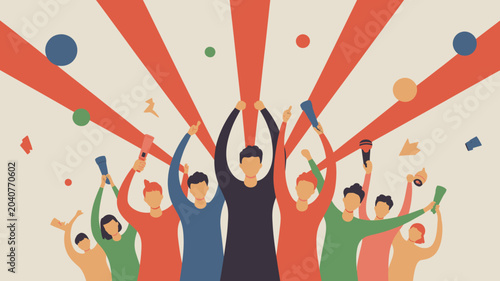 Valokuva Celebrating crowd with raised arms and confetti vector illustration celebration