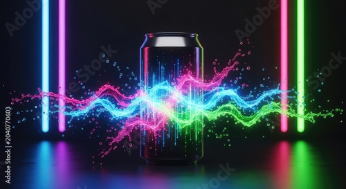 A futuristic aluminum beverage can featuring vibrant digital waves and liquid splashes, illuminated by glowing neon lights in a dark room, magenta, virtual, refreshment