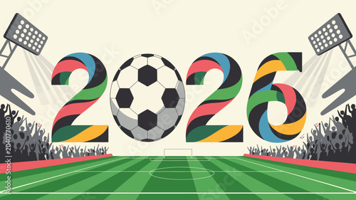 Canvastavla Colorful vector illustration of a soccer ball and the year 2026 with stadium bac