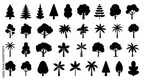 Bilde på lerret tree silhouettes on white background silhouette diverse collection forest nature