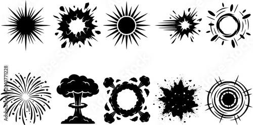 Set of ten black explosion and blast effect icons isolated on white background