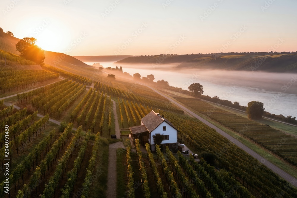 Fototapeta premium Aerial view of a vineyard cottage at sunrise with fog over a river. Rows of grapevines stretch across hills. Sunbeams pierce mist creating a warm, serene atmosphere.