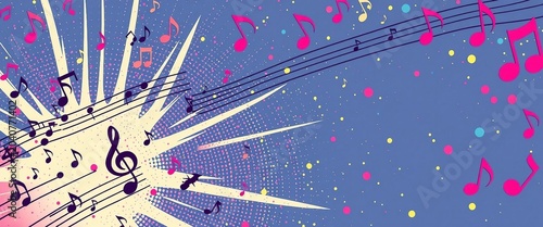 Colorful pop music background with musical notes, comic burst, dotted texture and playful blue space for modern audio or party design.