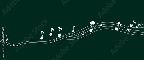 Minimal white musical notes on dark green background with flowing staff lines, elegant abstract sound wave and modern music design.