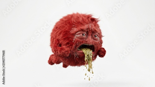 A vomiting red furry ball character floating on a white background, featuring realistic fur and a strongly uncomfortable expression.