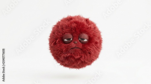 A sleepy red furry ball character floating on a white background, featuring droopy eyes, realistic fur, and a tired expression.