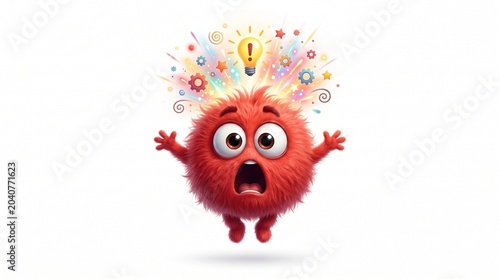 A mind-blown red furry ball character floating on a white background, featuring an astonished expression and realistic fur details.