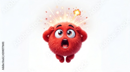 A mind-blown red furry ball character floating on a white background, featuring an astonished expression and realistic fur details.