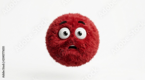 A surprised red furry ball character floating on a white background, featuring wide eyes, realistic fur, and an unexpected reaction.