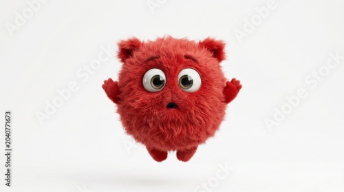 A surprised red furry ball character floating on a white background, featuring wide eyes, realistic fur, and an unexpected reaction.
