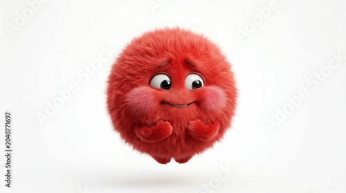 An embarrassed red furry ball character floating on a white background, featuring blushing cheeks, realistic fur, and a shy expression.