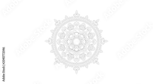 Intricate white mandala pattern with symmetrical floral and geometric design elements.
