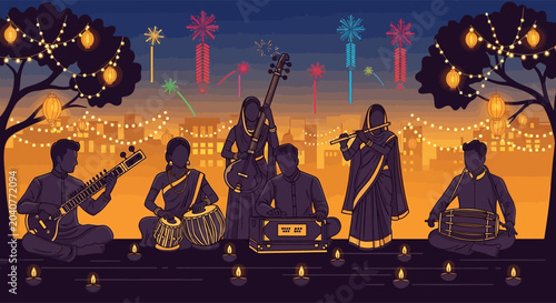Fotografía A group of six Indian musicians performing traditional music with various instruments