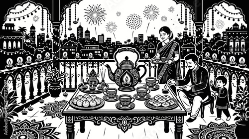 Bild auf Leinwand A family celebrating a festive occasion with tea and sweets on a balcony
