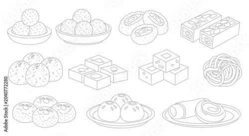 Fotografia Line art illustration of various traditional Indian sweets and desserts
