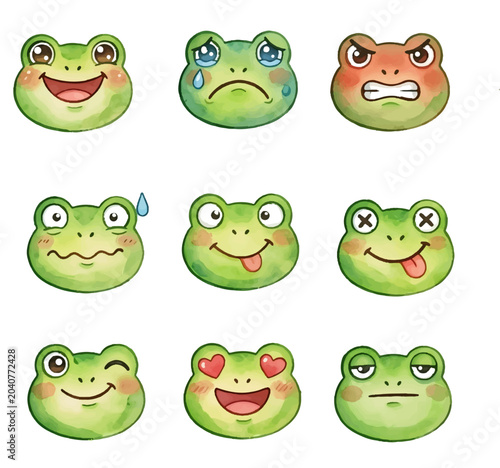 Tableau sur toile Cute Cartoon frog Animal Faces Set Collection watercolor