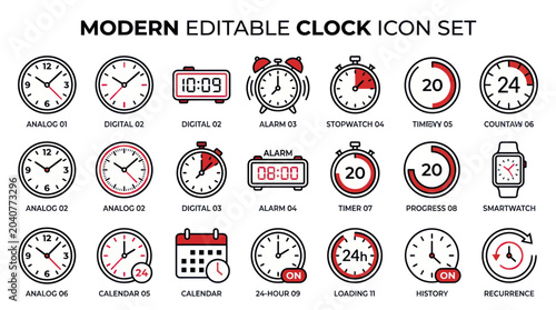 Foto Modern Editable Clock Icon Set - Time, Timer, Alarm, Stopwatch, Calendar
