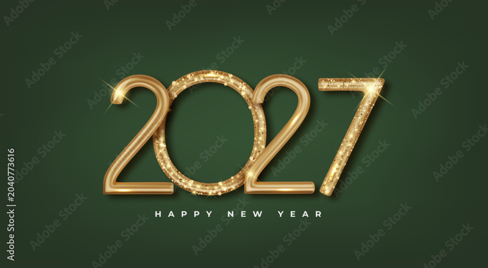 Fototapeta premium Golden 3D numbers 2027 on green background. Happy New Year 2027 festive metallic luxury banner. Happy New Year and Merry Christmas greeting card.