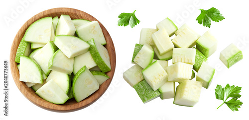 sliced zucchini or marrow in wooden bowl isolated on white background. clipping path