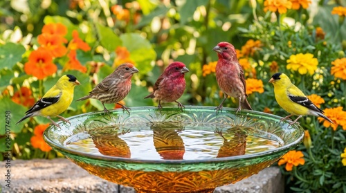 e: Goldfinches and Finches Gathering at Birdbath in Garden