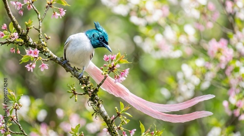 Indian Paradise Flycatcher on Pink Blossom Branch