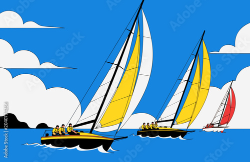 Sailing yacht regatta on open water with wind filled sails competitive yachting action under bright coastal sky