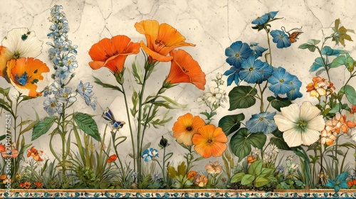 Botanical illustration style rendering displays diverse flowering plants against a lightly textured background surface