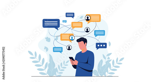 Young man looking at his smartphone while surrounded by complex web of numerous social media chat bubbles and notifications.