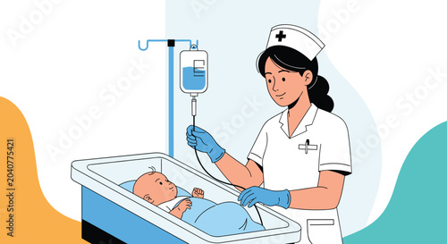 Caring female nurse in professional uniform checks on a newborn baby in a hospital nursery crib with a medical IV drip bag.