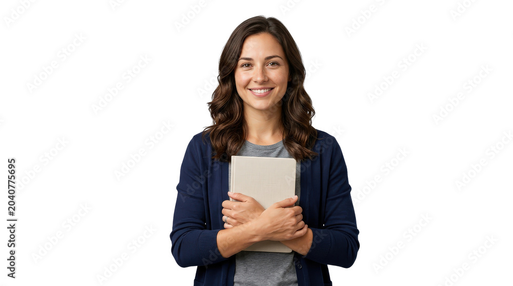 Naklejka premium Smiling Young Woman Holding Tablet on Transparent Background