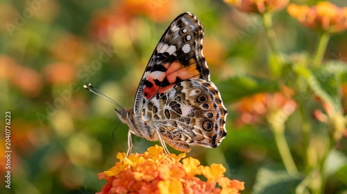 : Painted lady butterfly resting on orange flowers close-up