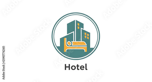 Modern flat design illustration of a welcoming hotel and accommodation lodging icon, ideal for travel websites and hospitality booking applications, symbolizing comfortable stays and urban getaways