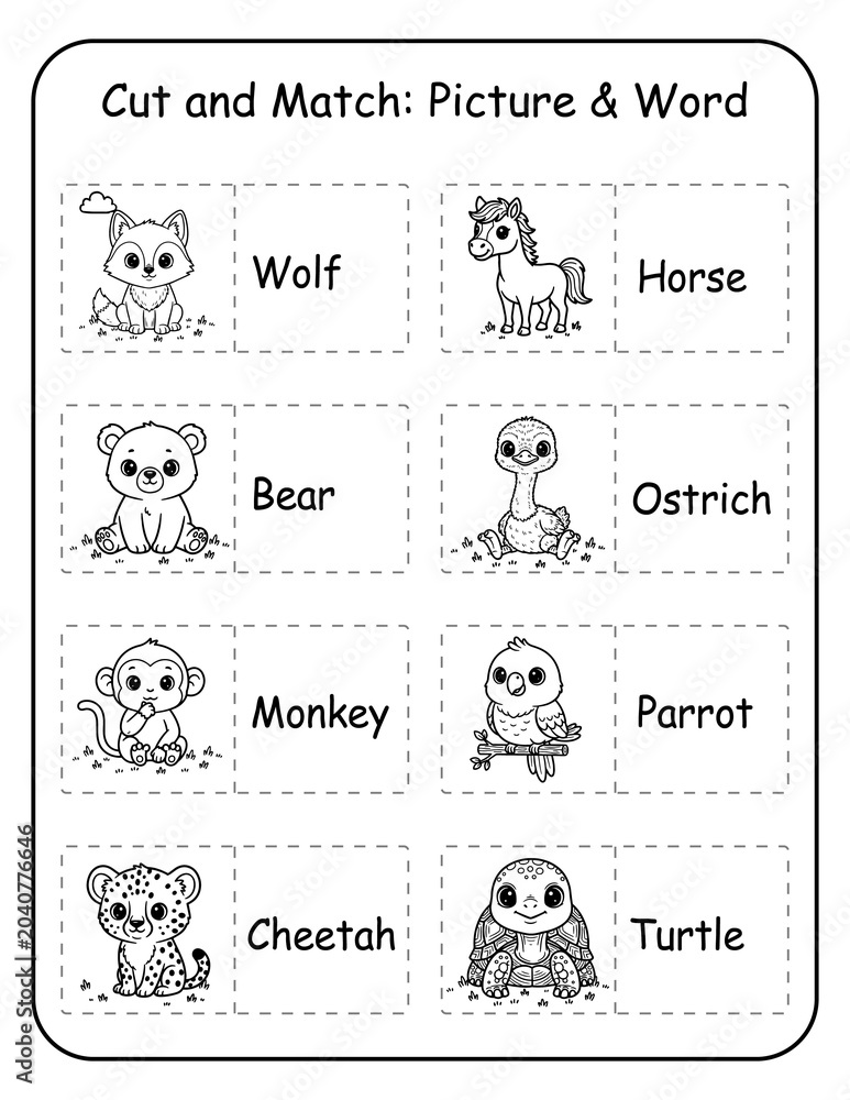 Obraz premium Printable wild animal cut and match worksheets for preschool and kindergarten learners. Kids cut apart picture and word cards and match each wildlife image to its correct label,