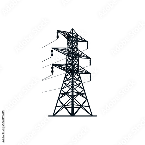 High voltage power transmission tower silhouette on white background