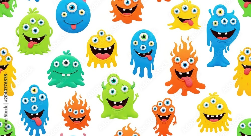 Naklejka premium Vibrant seamless pattern featuring a whimsical collection of goofy monsters with bright colors, multiple eyes, and silly expressions, cartoon, tooth, silly