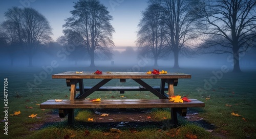 A rustic wooden table stands silently in a peaceful park during a misty evening. Thick fog drifts between trees under a dim twilight sky, landscape, serene, mysterious