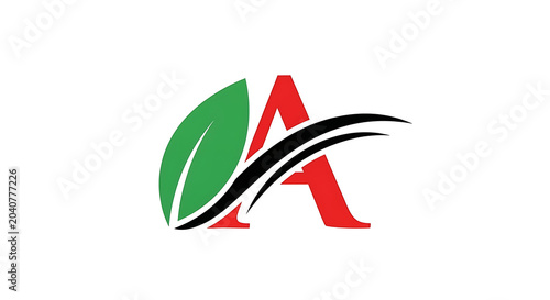 Dynamic letter A logo design with a fresh green leaf and elegant black swoosh, symbolizing growth, nature, and organic business identity