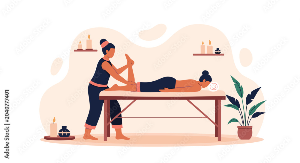 Fototapeta premium Professional female massage therapist performs a treatment on a relaxed woman lying on a table in a peaceful and calming spa setting.