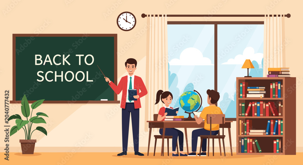 Fototapeta premium Male teacher stands by a blackboard with the text back to school while two young students sit at their desk in a bright classroom.