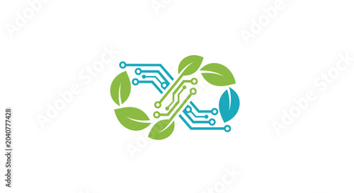 Infinity logo combining green leaves and digital circuit board traces