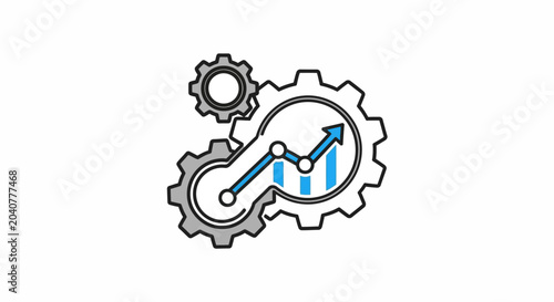 Interlocking gears with blue growth arrow and bar chart
