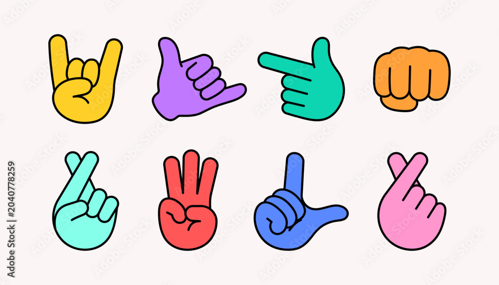 Fototapeta premium Modern Cartoon Hand Gesture Sticker Set with Bold Outline and Bright Colors